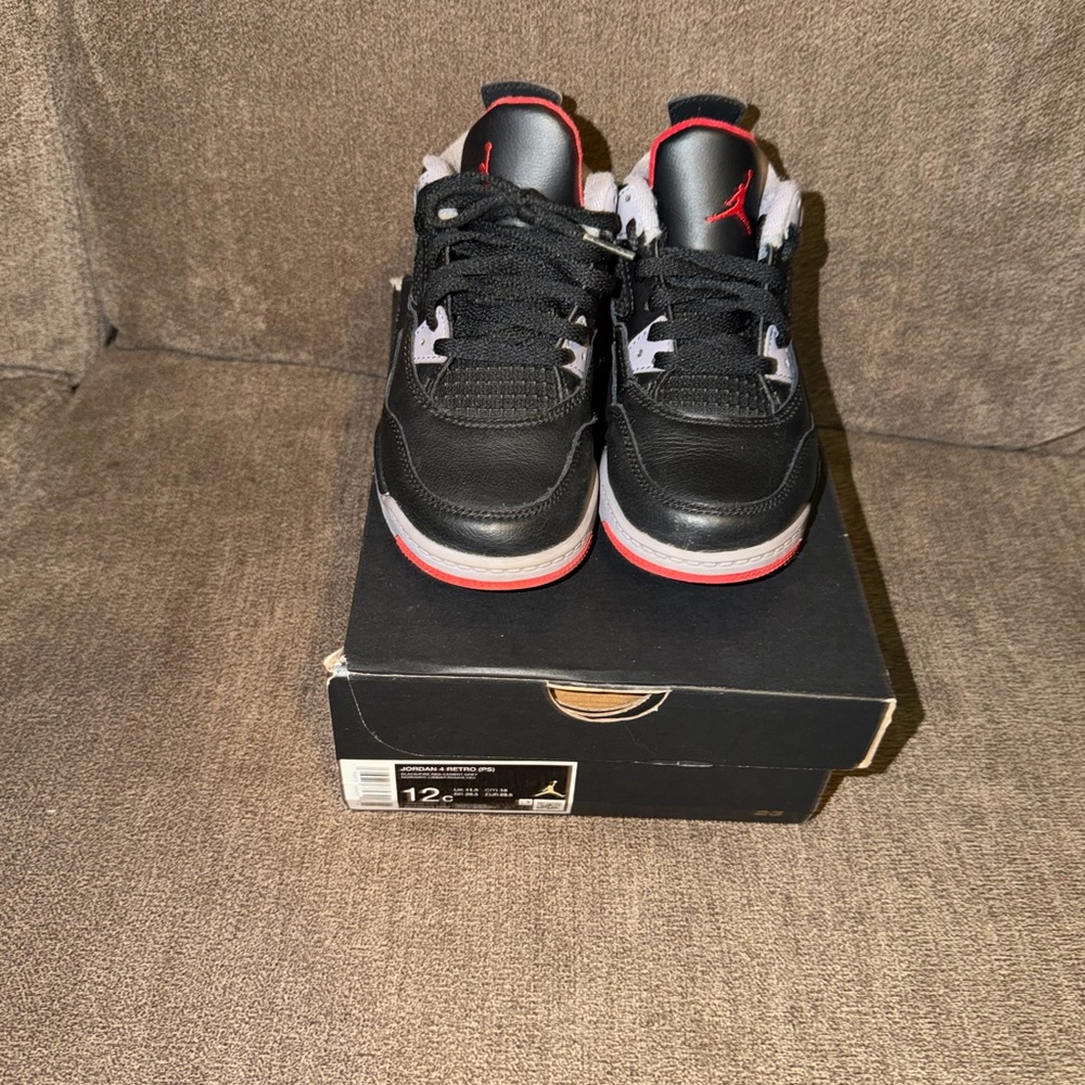 Air Jordan 4 Bred Reimagined Kids' Black and Red Retro Basketball Shoes Size 12C